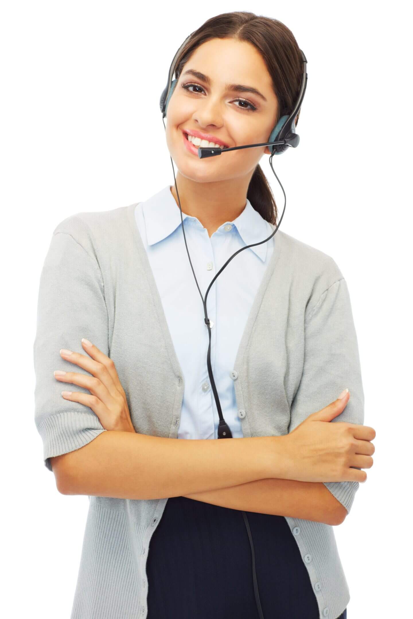 Smiling woman wearing a headset, arms crossed.