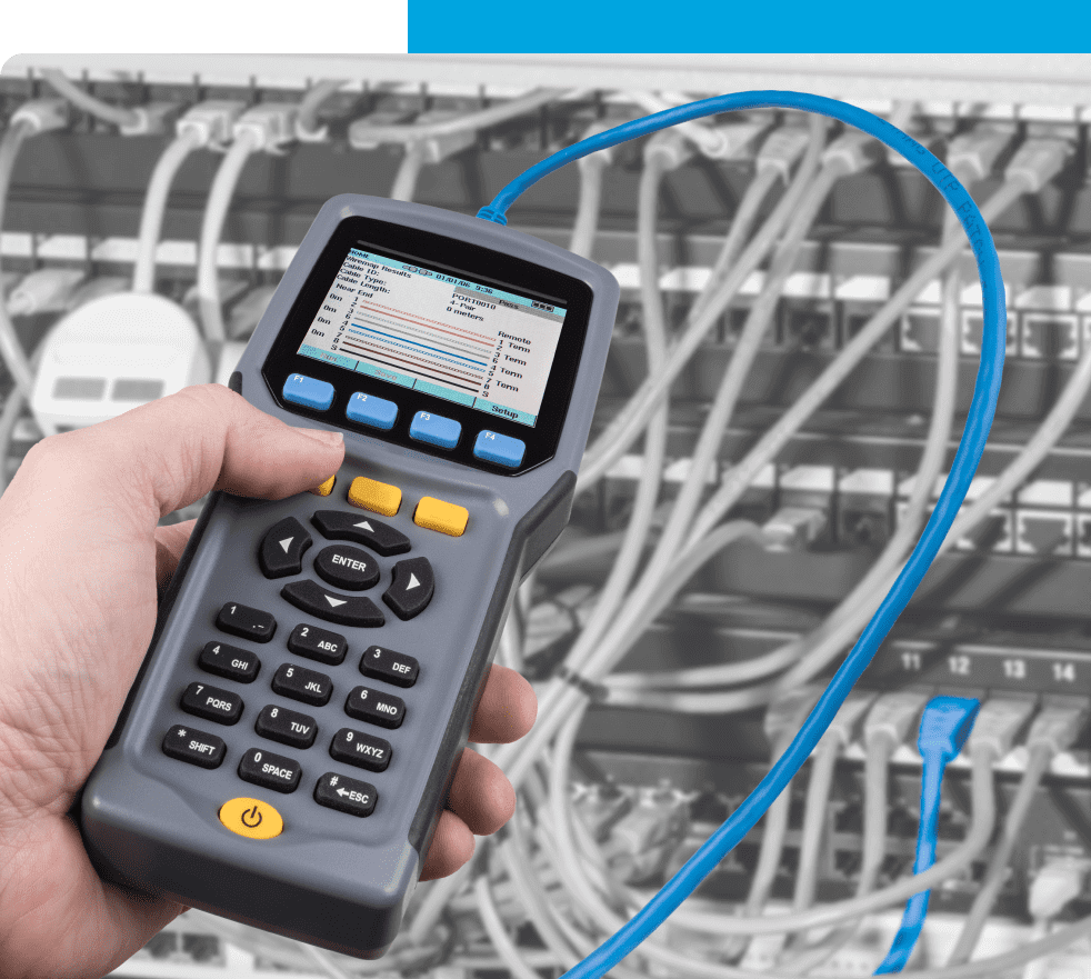 Hand holding network cable tester device.